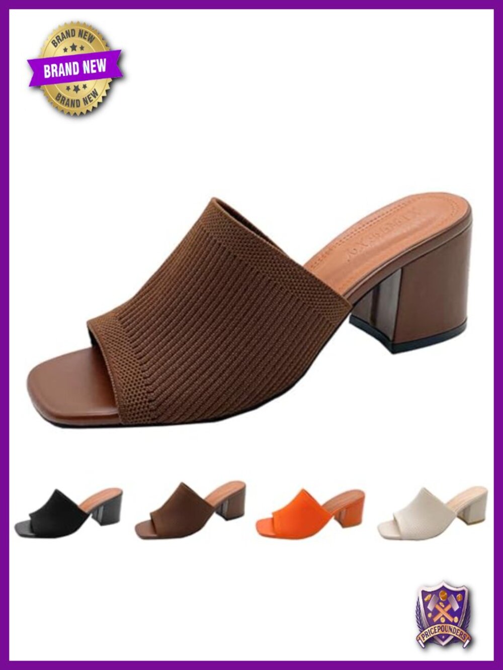 Knit Peep Toe Chunky Heel Sandals Square Open Toe Slip On Block Heel Mules